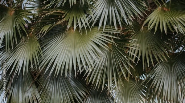 Fototapeta Close-up of lush green palm leaves on a white isolated background.