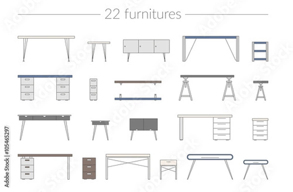 Fototapeta Vector Thin Line Icon Set Furnitures