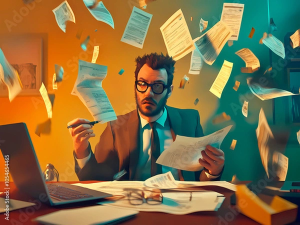 Fototapeta AI-Generated image of A man is sitting at a desk with papers flying around him. He is holding a pen and he is in a state of panic. The scene suggests that he is overwhelmed with work or has a deadline