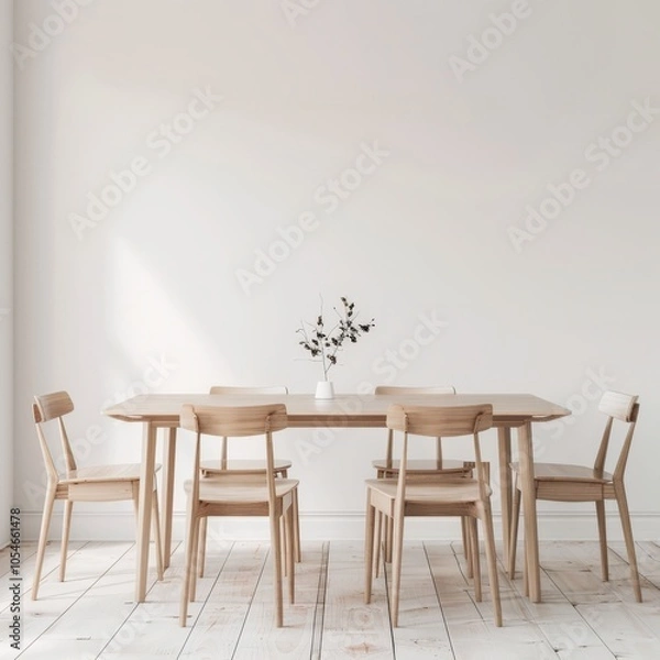 Fototapeta Minimalist dining room interior with a wooden table and six chairs. a vase with branches on the table. and a white wall