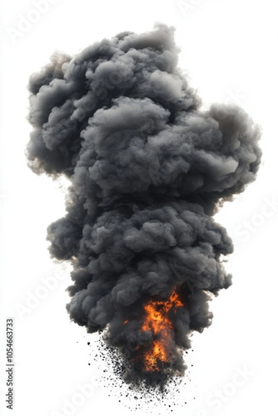 Fototapeta Dense black smoke billowing upwards with flames visible at base creates dramatic and intense scene. contrast of fire against dark smoke evokes sense of urgency and chaos