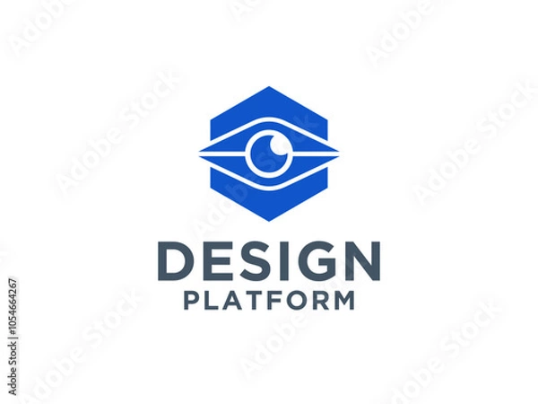 Fototapeta Protection Security Logo. Blue Hexagonal Military Shield with Eye Negative Space inside and Star Sparkle Eyeball isolated on White Background.