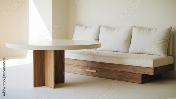 Obraz Modern minimalist living room with a round table and a cozy sofa.