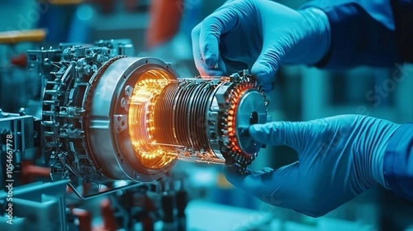 Fototapeta Scientist testing renewable energy hardware, high quality, industrial, close-up, macro lens, DSLR, 16:9