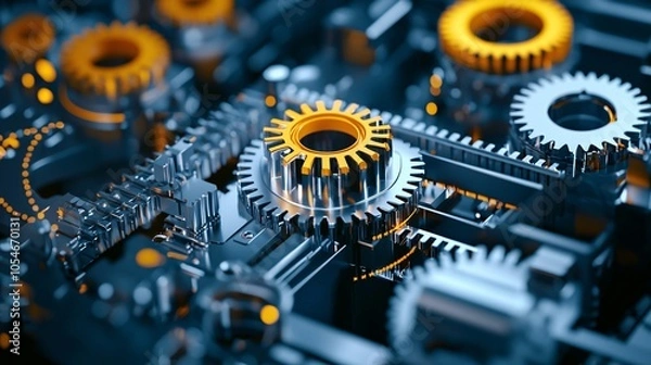 Fototapeta Environmental tech in machinery recycling process, industrial, close-up, macro lens, high quality, DSLR, 16:9