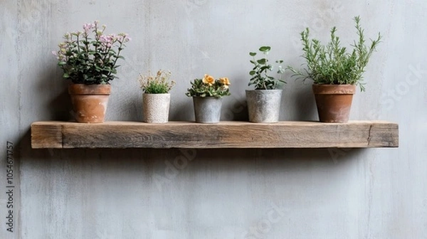 Fototapeta Five Potted Plants on a Rustic Wooden Shelf Against a White Wall