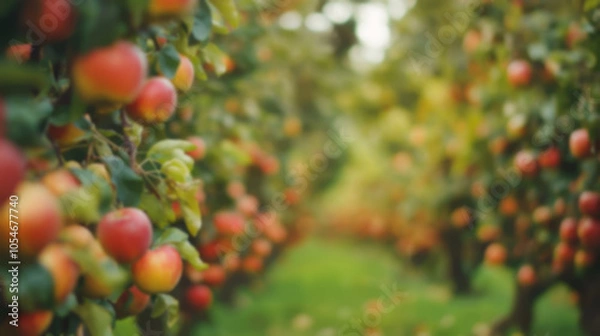 Fototapeta Rows of apple trees display a bountiful harvest, with bright red apples hanging among blurred green leaves, indicating a warm day in the orchard during autumn, blurred image, copy space