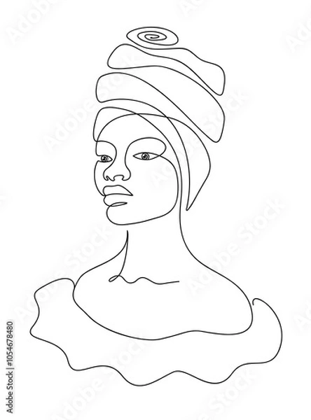 Obraz Line drawing african woman with turban. Pen drawing with one line on a transparent background.