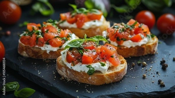 Obraz bruschetta with cream cheese and tomato, with fresh greenery on top, fresh baked bread slices, on dark background, with other tostineseen in the backgrounnd