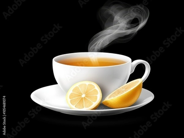 Fototapeta A steaming cup of tea with fresh lemon slices, elegantly placed on a white saucer against a black background.
