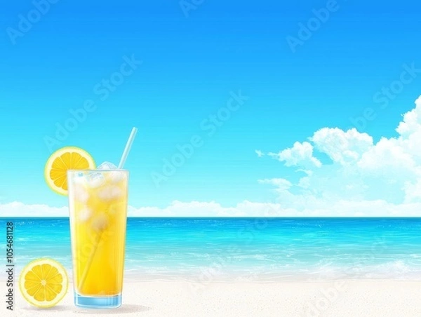 Fototapeta Refreshing lemonade drink with lemon slices, set against a bright blue ocean and sky background.