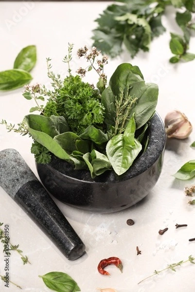 Fototapeta Mortar with different aromatic herbs on white table