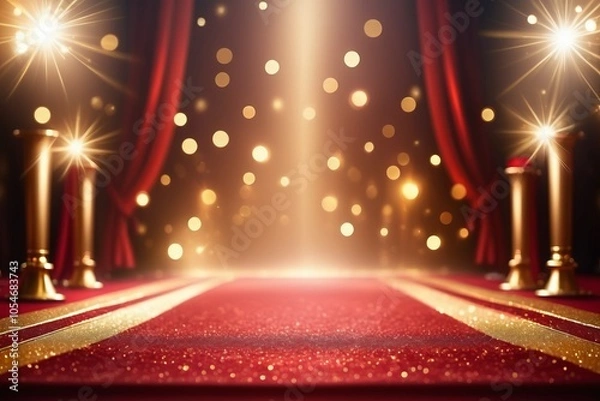 Fototapeta Red carpet at a VIP event with way over blurred light, entrance, and luxury decor, celebrating success and fame at a Hollywood gala