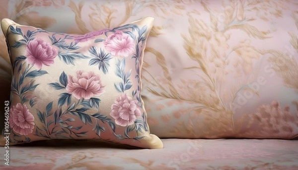 Fototapeta 華やかな花柄クッションと布テクスチャが融合した、モダンなインテリアデザイン