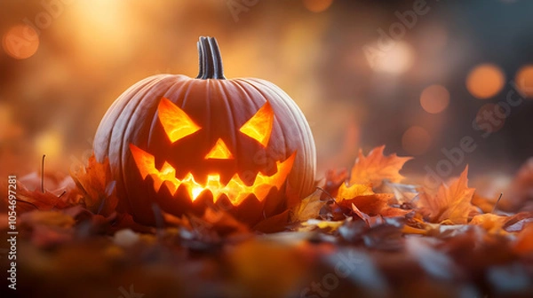 Fototapeta A spooky Halloween pumpkin with a sinister grin, surrounded by colorful autumn leaves on a mystical background.