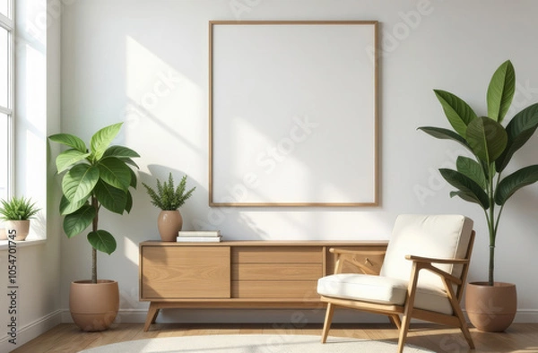 Fototapeta Modern minimalist interior featuring a wooden bench, white armchair, and large houseplants. Natural sunlight streams through the window creating dramatic shadows. Empty white frame perfect for mockup.