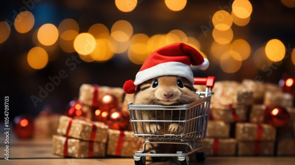 Fototapeta A cute guinea pig wearing a Santa hat sits in a miniature shopping cart surrounded by gift-wrapped presents and holiday lights, creating a festive scene.