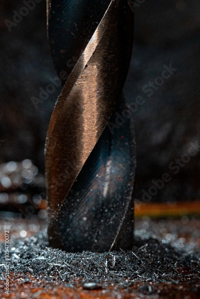 Fototapeta detailed macro of a drill bit drilling into metal with filings