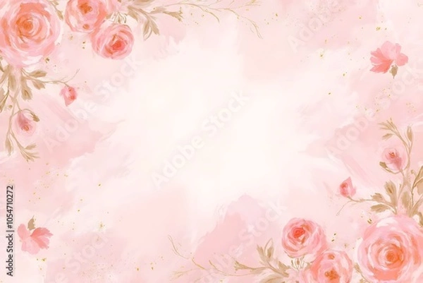 Fototapeta An abstract background featuring a soft, dusty blush pink watercolor effect, enhanced by delicate golden splatters for a luxurious touch. Subtle, artistic illustrations of roses are gently woven into 