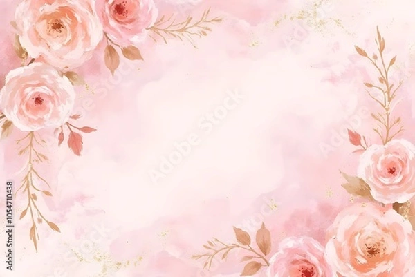 Fototapeta An abstract background featuring a soft, dusty blush pink watercolor effect, enhanced by delicate golden splatters for a luxurious touch. Subtle, artistic illustrations of roses are gently woven into 