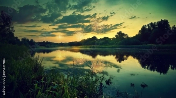 Obraz Tranquil Reflection on a Calm River at Night