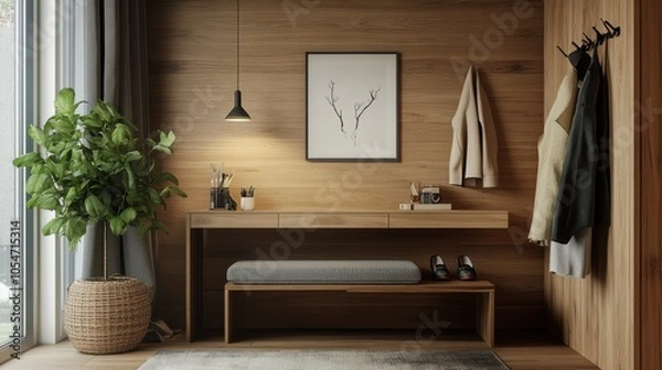 Fototapeta A stylish wooden entrance hallway with modern decor, including a cozy desk, a sleek stand,