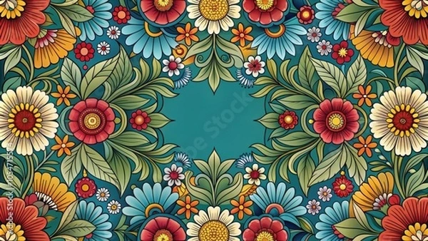 Fototapeta Colorful floral pattern inspired by art deco and art nouveau styles, flowers, leaves, pattern, art deco