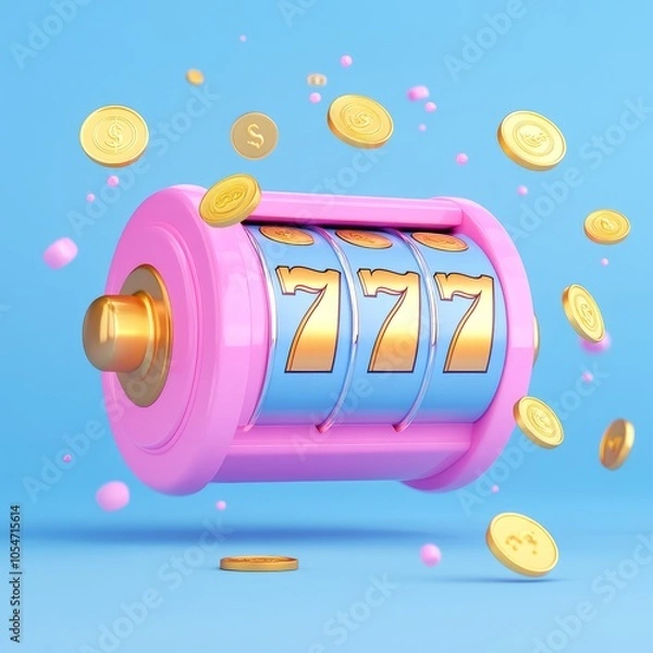 Fototapeta A colorful slot machine with spinning reels and floating coins.