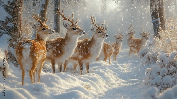 Obraz A serene winter scene featuring deer in a snowy forest.