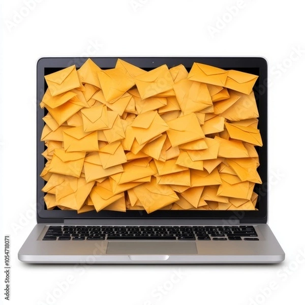 Fototapeta A laptop overflowing with yellow envelopes, symbolizing an inbox full of emails.