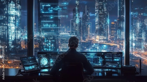 Fototapeta Engineer working on the architecture of machine learning software for a smart virtual