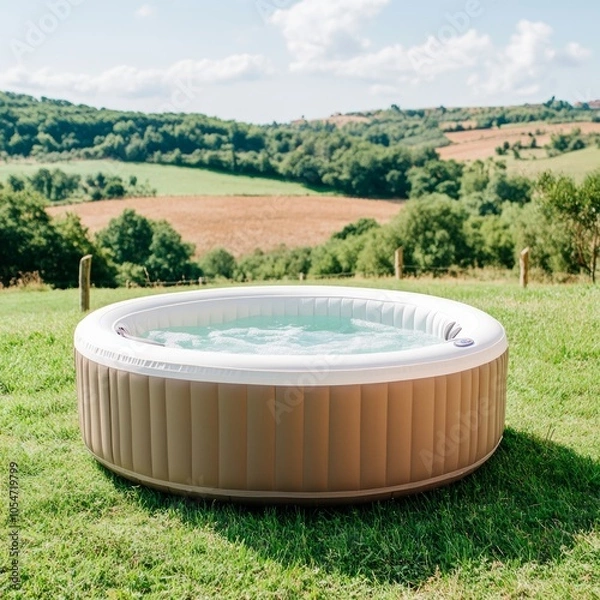 Fototapeta A hot tub placed on grass with a scenic landscape in the background.