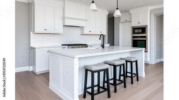 Fototapeta Modern kitchen with white cabinetry, large island, and black stools, featuring pendant lighting and stainless steel appliances. space is bright and inviting, with light wood flooring
