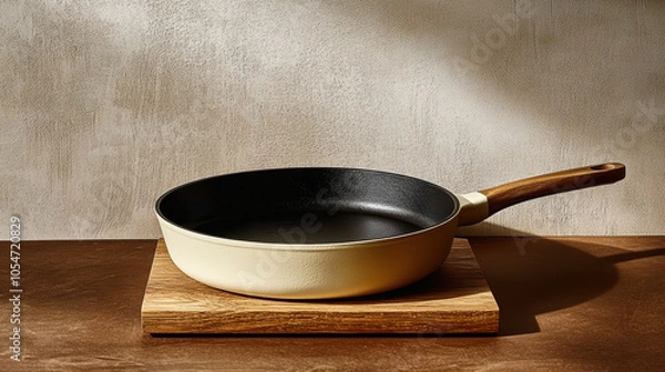 Fototapeta Ceramic frying pan with wooden handle sits on wooden board, casting soft shadow on textured wall