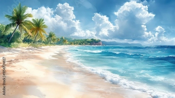 Fototapeta Watercolor painting of a serene tropical beach, with palm trees swaying in the breeze and soft pastel colors blending into the horizon.