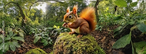 Obraz A red squirrel sits on a mossy rock in a lush forest, eating a nut.