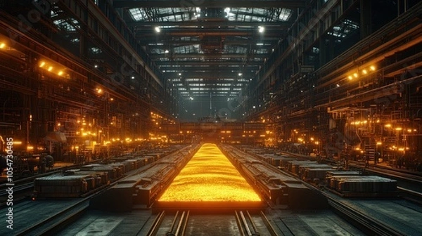 Fototapeta Industrial scene with molten material flowing in a factory setting.
