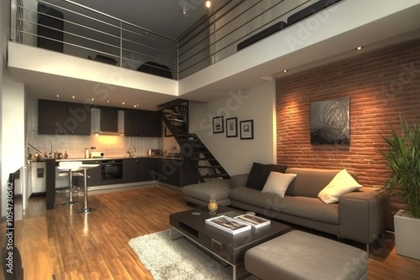 Fototapeta The interior is loft style, with furniture, indoor plants and a large window. 