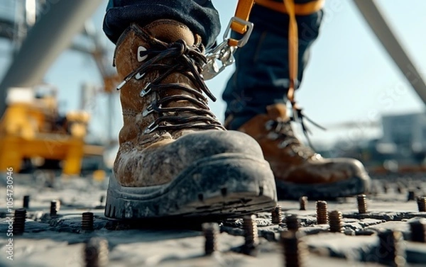 Fototapeta A close-up of a work boot on a construction site, showcasing rugged design and safety features surrounded by metal fasteners.