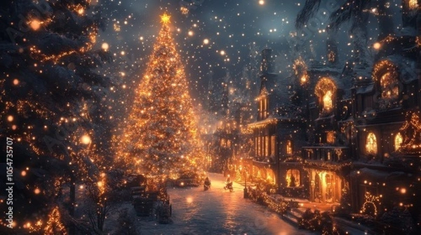 Fototapeta A festive Christmas celebration with colorful decorations, sparkling lights, and magnificent Christmas trees. This scene captures the joy and warmth of the festival