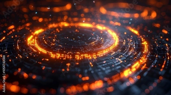 Obraz Glowing 3D Rendered Tech Circle Backdrop Representing Data Processing and Technological Innovation  Layered digital elements on a dark backdrop create a sleek futuristic