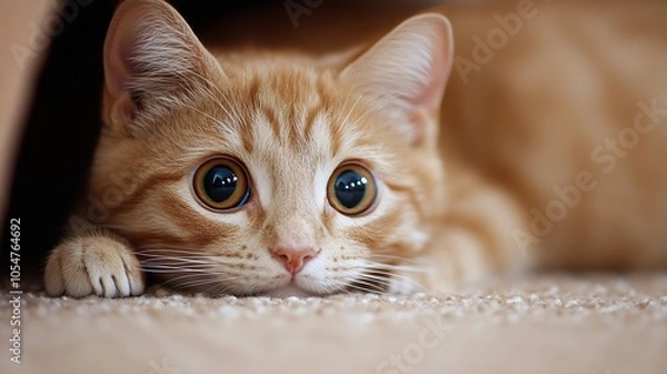 Fototapeta Adorable Ginger Kitten Lying Comfortably on Soft Carpet with Curious Big Eyes and Playful Expression for Pet Enthusiasts : Generative AI