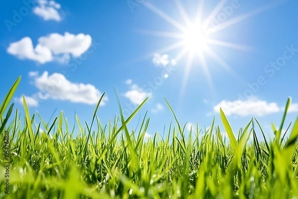 Fototapeta Vibrant Green Grass Under Bright Sunny Sky with Fluffy White Clouds : Generative AI