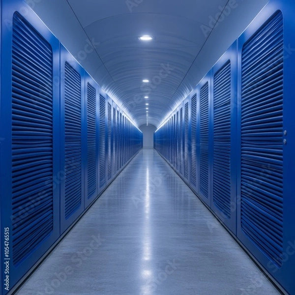 Obraz A long corridor with blue storage units and bright lighting.