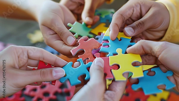 Obraz Group of people assembling colorful puzzle pieces