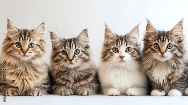 Fototapeta Lovely Group of Fluffy Kittens Lined Up for an Adorable Photo with Focus on Their Sweet Expressions : Generative AI