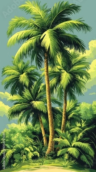 Fototapeta coconut palm tree leaning gracefully with lush green fronds isolated against a pure white background emphasizing its tropical essence in a clean minimalist style