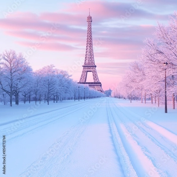 Fototapeta A serene winter scene featuring the Eiffel Tower surrounded by snow-covered trees.