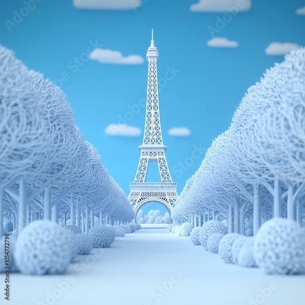 Fototapeta A stylized, monochromatic representation of the Eiffel Tower in a serene park.