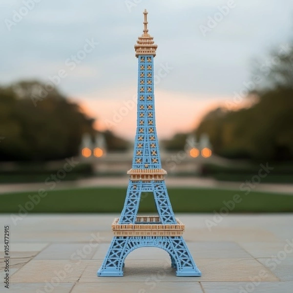 Fototapeta A blue model of the Eiffel Tower displayed outdoors at sunset.